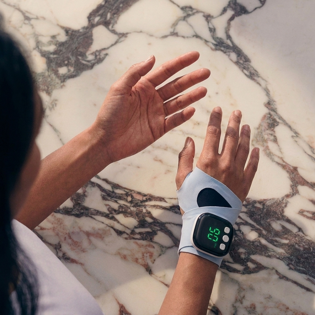 VELORA Handgelenk-Massagegerät — Kabelloses Massageband für Hand & Handgelenk | 10 Modi, 29 Intensitätsstufen | Wiederaufladbar